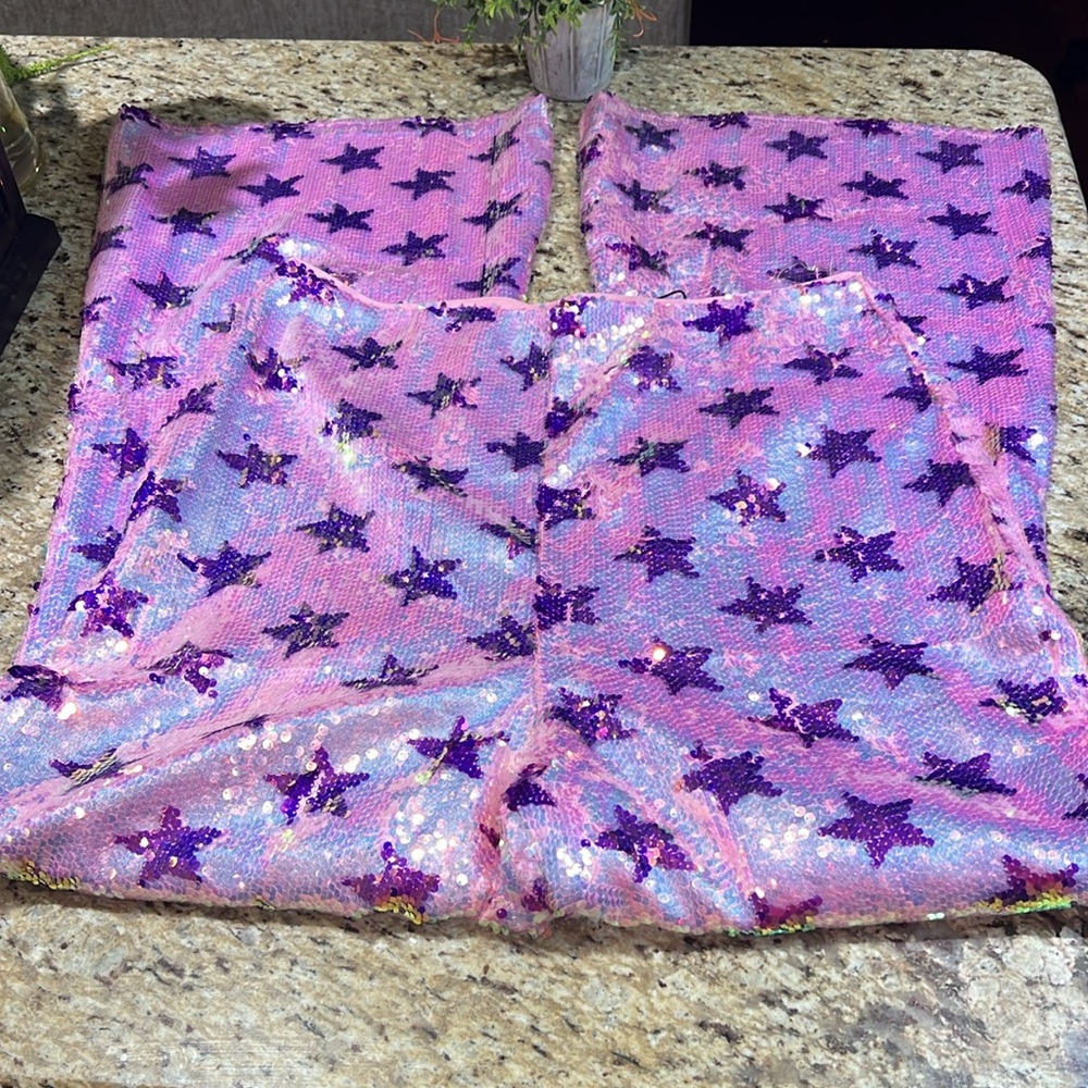 Nasty Gal Pink Purple Star Sequin Star HighRise Party Flare Pants US6 - Picture 5 of 13